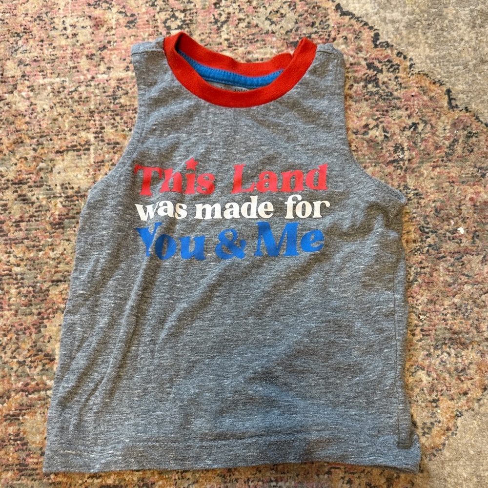 Gray Sleeveless Kids Top -Red and Blue Accents THIS LAND WAS MADE FOR YOU & ME